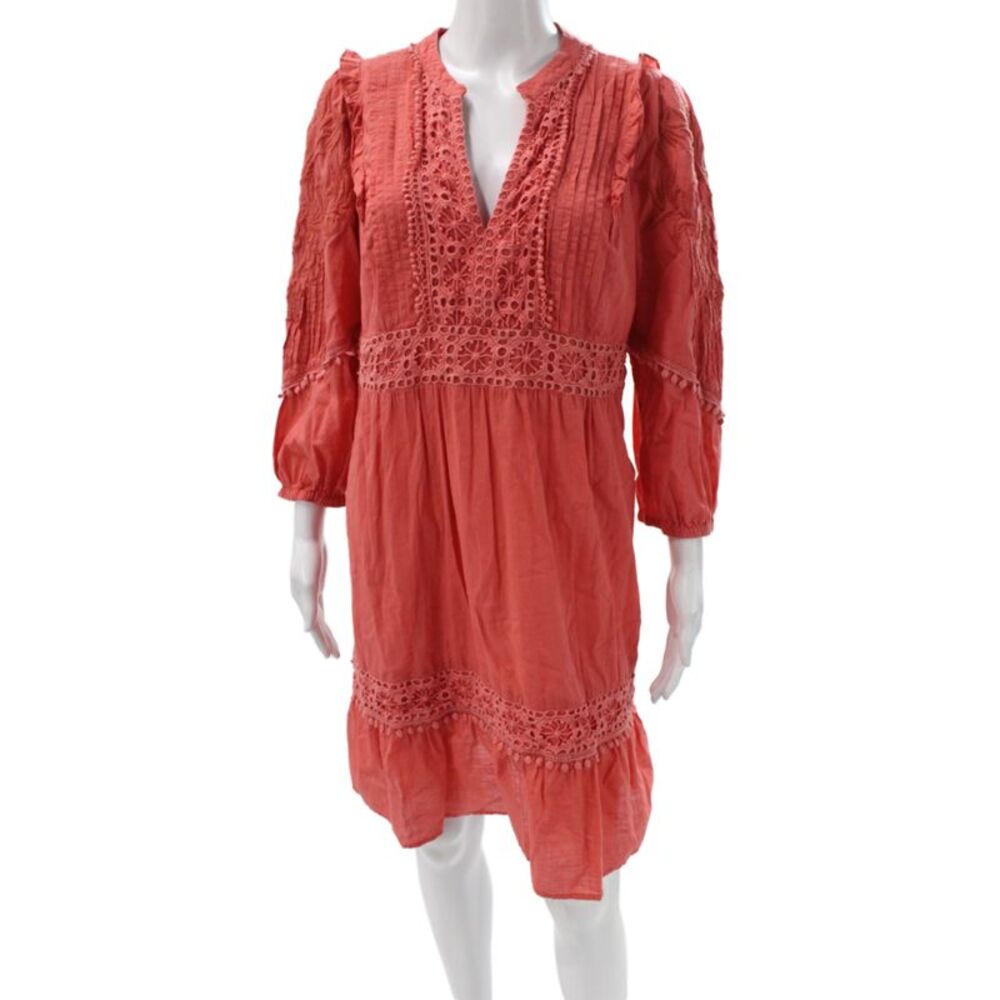 Akemi Kin Womens Shift Dress Red Cotton V Neck 3/4 Sleeve Short Size L